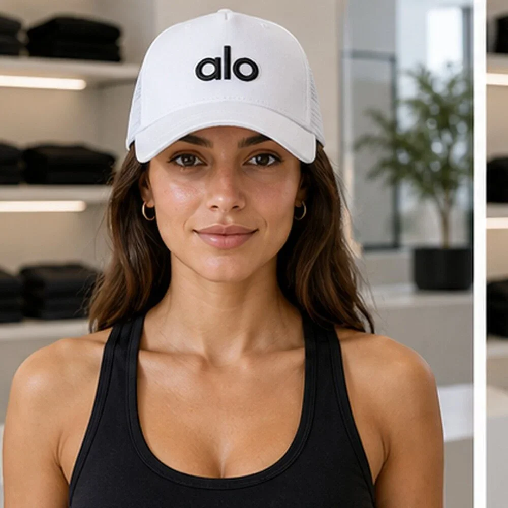 ALO Yoga White Black Travel Mesh Trucker Cap Hat NWT